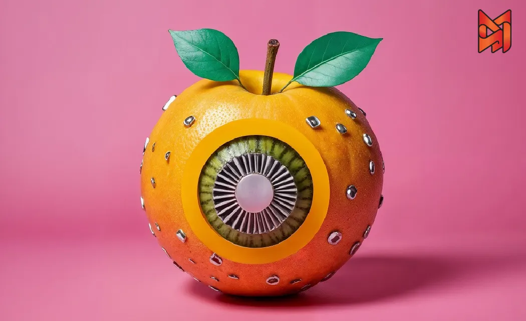 A close-up of a fresh orange fruit with water droplets glistening on its surface, showcasing its natural vibrancy and freshness.