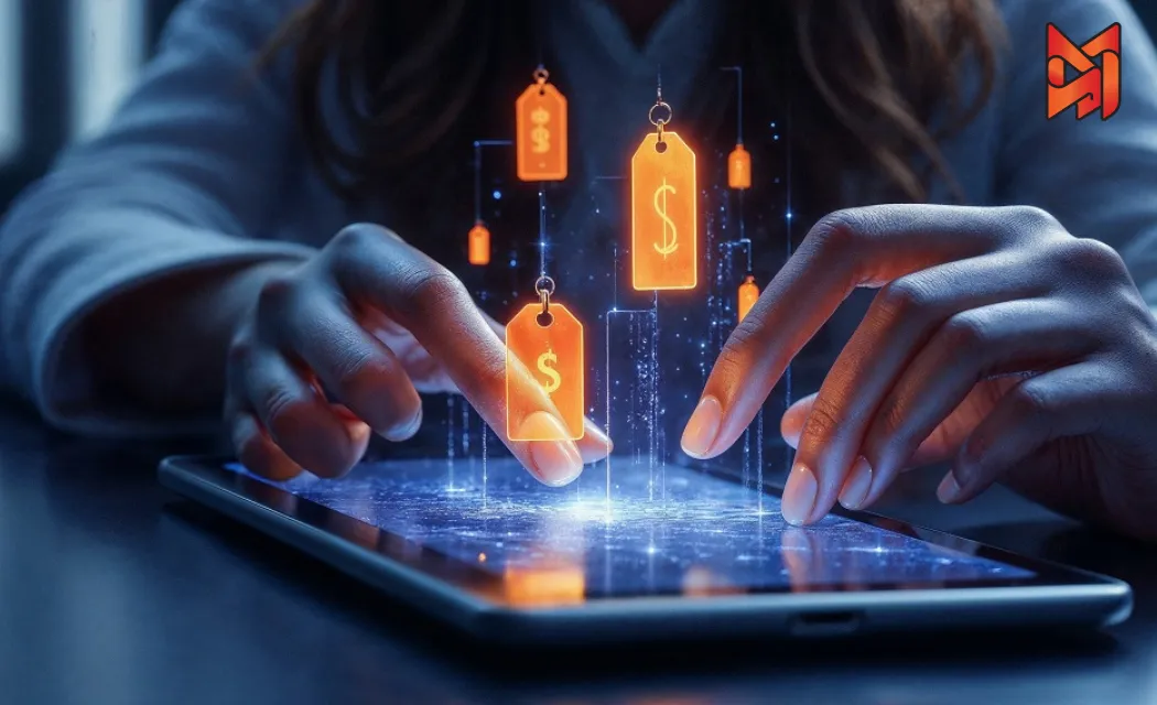 A person interacting with a tablet displaying floating digital price tags, symbolizing online shopping and e-commerce marketing. 