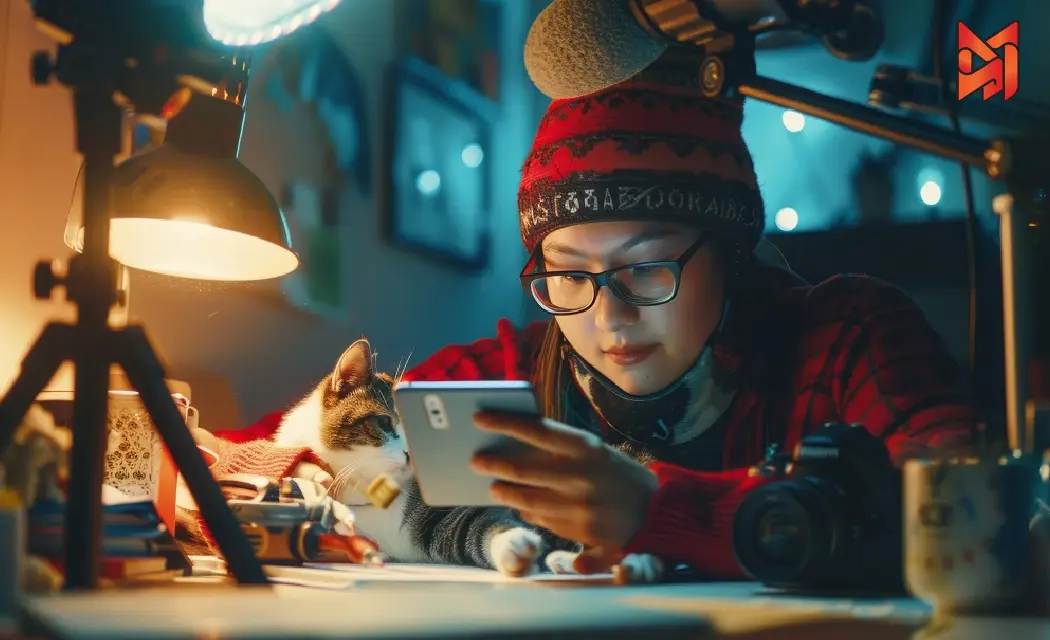 A social media influencer recording a vlog with a phone in a well-lit home studio.