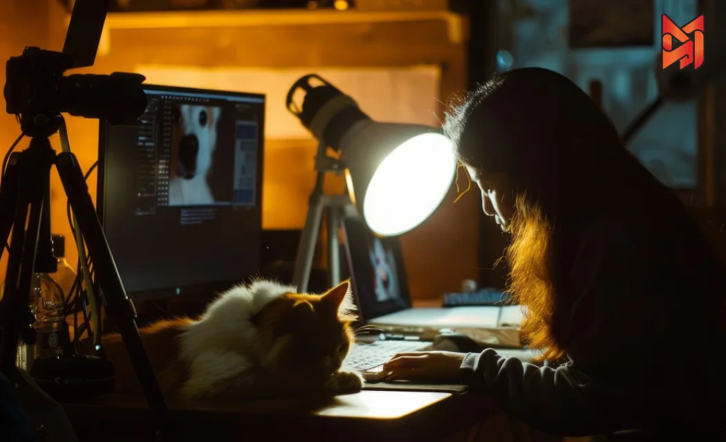 A video editor carefully adjusting clips and sound on a professional editing software timeline.