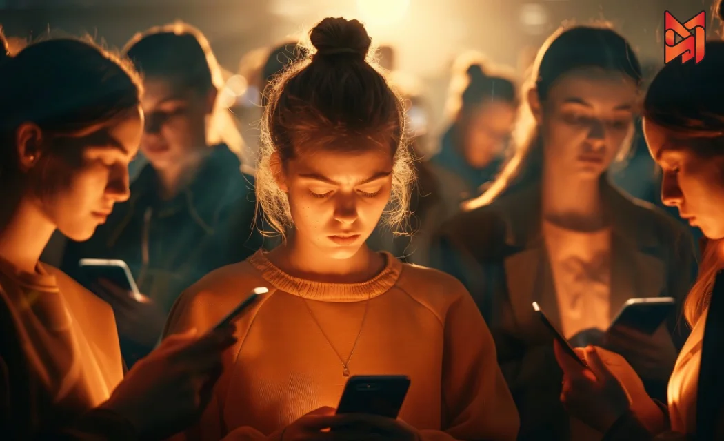 Group of young people engrossed in their smartphones, illuminated by screen light, reflecting digital addiction.