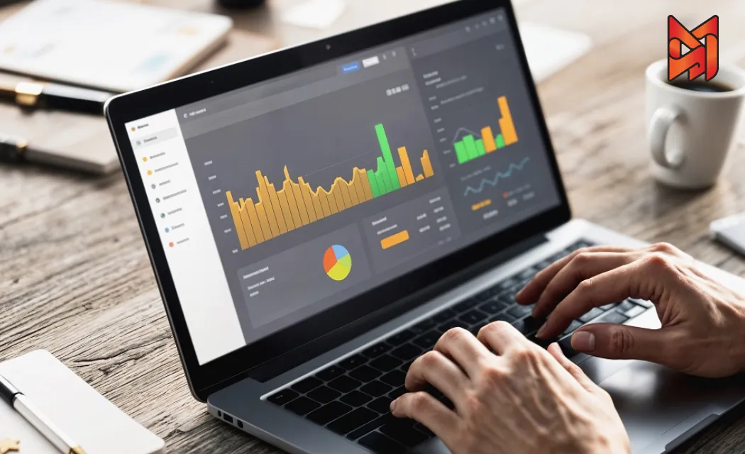 A google ads analytics dashboard on a laptop with a variety of data visualizations, including pie charts, line graphs, and bar charts in a modern, minimalistic design.