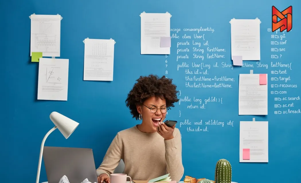 A focused content marketer brainstorming ideas for a new campaign at her desk.