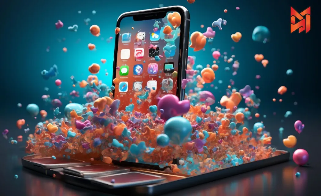 A creative visualization of mobile commerce, with floating 3D elements depicting online shopping and digital transactions.