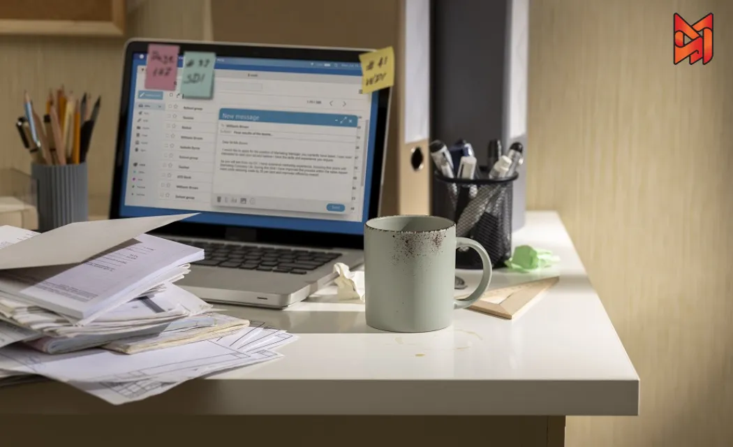 A cup of tea beside a laptop showing a mailing app, symbolizing a relaxed approach to email content.