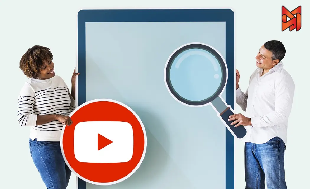 Two individuals grasping large YouTube and search symbols, highlighting the role of YouTube algorithm-influenced content.