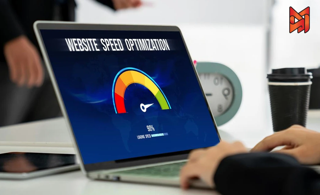 Laptop displaying Website Speed Optimization with a 90% loading speed for better SEO.