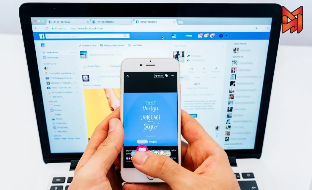 A user scrolling through his Facebook profile while noticing a targeted ad.