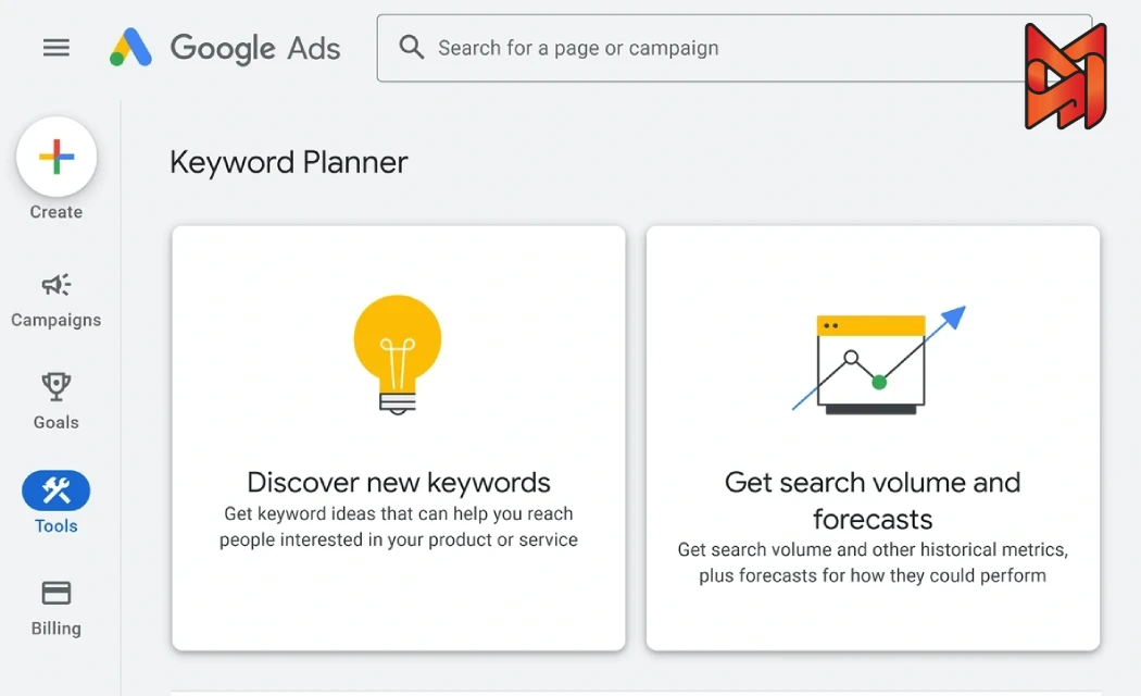 Google Keyword Planner highlighting features to discover keywords and analyze search trends.