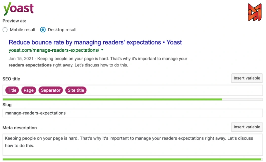 An SEO expert types a meta description in the Yoast SEO tool interface.