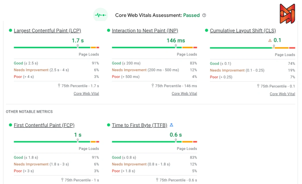 Core Web Vitals performance data from a Google PageSpeed Insights report, showing pass status for key metrics.