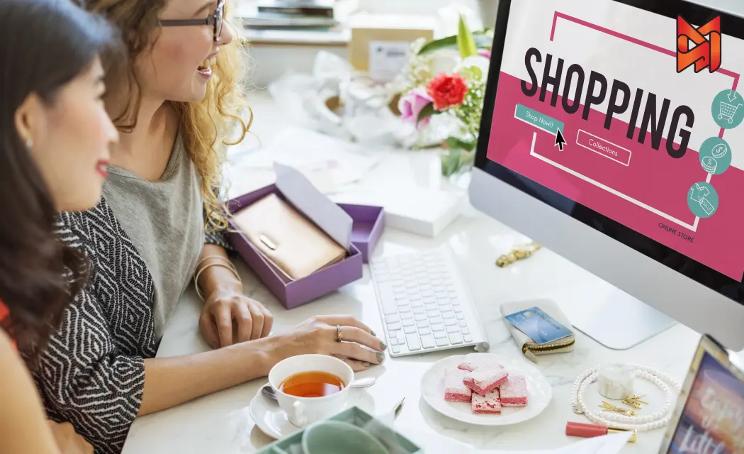 Two girls excitedly shopping products from Shopify online shop and loving their purchase.