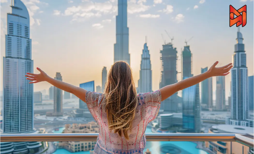 A vibrant view of the Dubai skyline from an Airbnb balcony, reflecting host success and the promising future of Airbnb in Dubai.