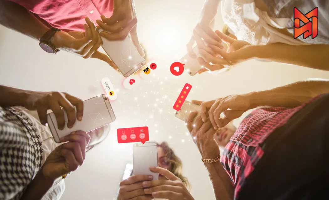 Young individuals using social media platforms, reflecting how social media marketing shapes language and culture for different audiences.