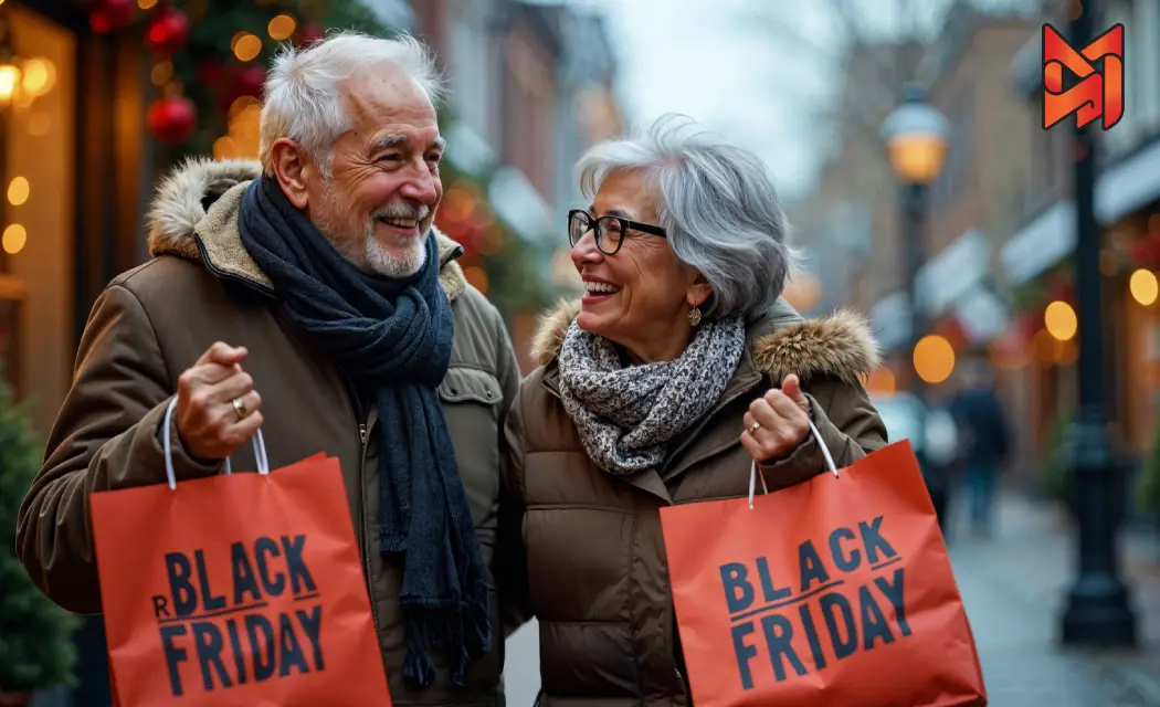 Happy elderly couple smiling with shopping bags during a Black Friday sale, showcasing the impact of a successful seasonal marketing campaign.