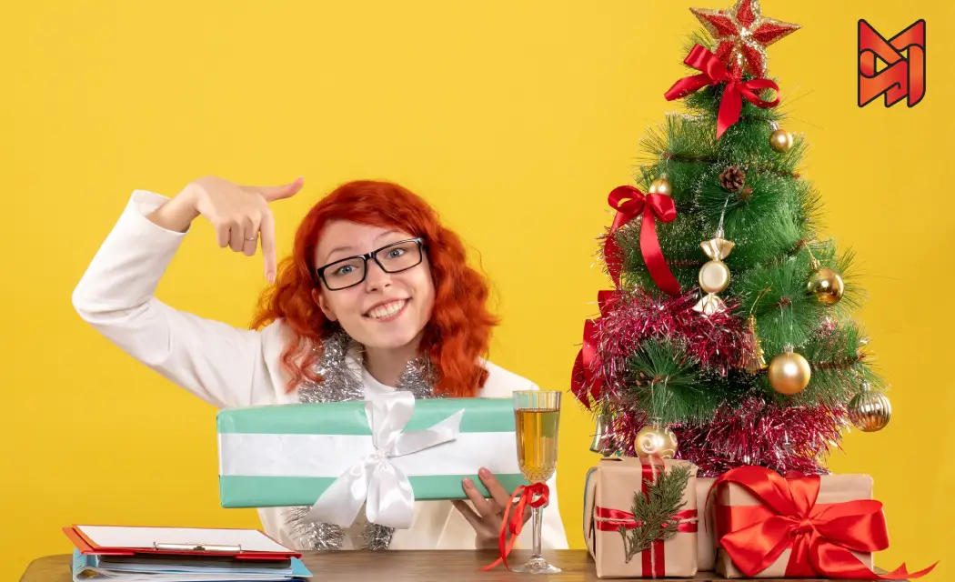 Smiling influencer with festive decorations showcasing holiday products.