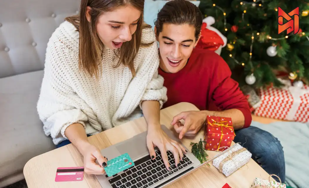 Surprised couple shopping limited-time offerings and seasonal discounts online.