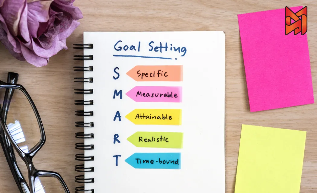Handwritten SMART goal plan sketched on a notebook.
