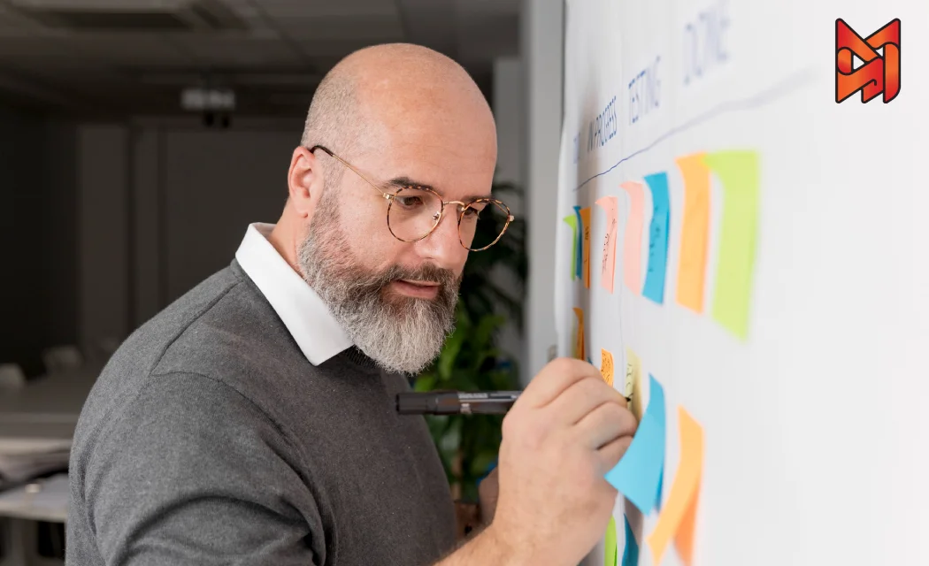 Expert breaking down a big SMART goal into smaller Milestones on a board.